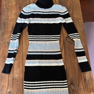 Eclipse Striped Rib-Knit Turtleneck Dress - Black, Light Blue & Cream